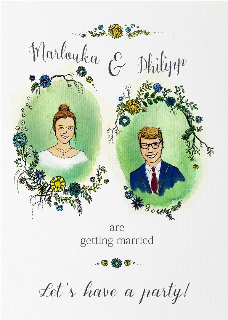 watercolour portrait wedding invitation