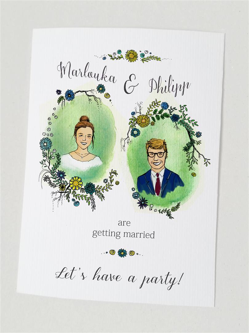 watercolour portrait wedding invitation